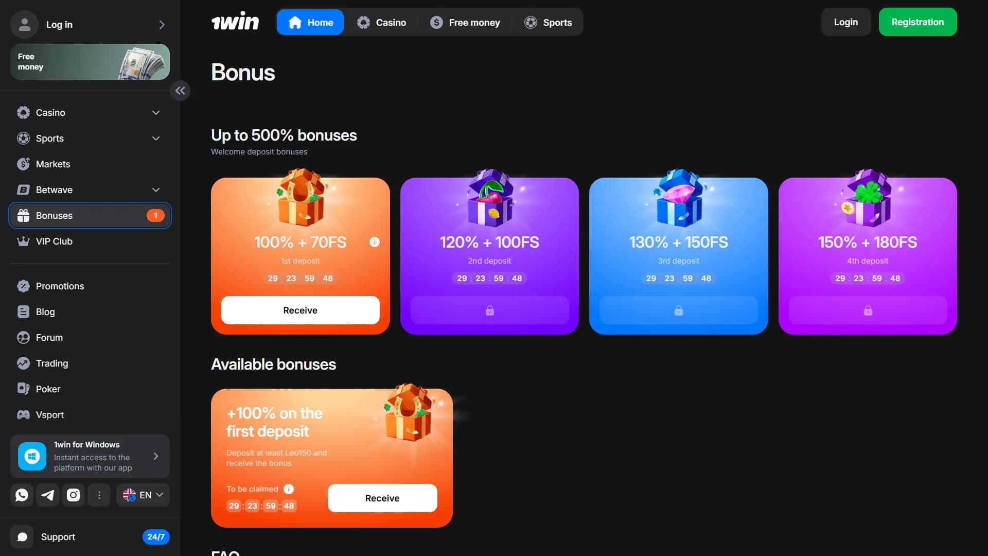 1Win casino bonuses