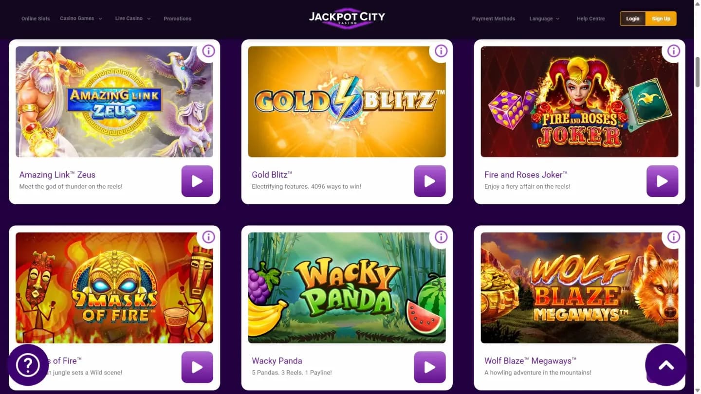 Jackpot City game lobby