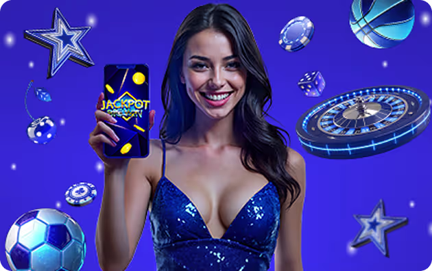 Woman holding a phone with a jackpot slot, next to a roulette wheel, chips, dice, a football, and a basketball